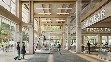 Im hellen Innenraum dominiert ein Mix aus Stahlbeton und Holzbau. (Bild: Rendering: Penzel Valier / BLB NRW)