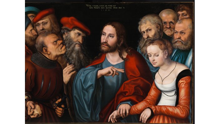 Lucas Cranach der Ältere, Christus und die Ehebrecherin, 1532, Malerei auf Lindenholz, 82,5 × 121 cm, Szépművészeti Múzeum / Museum of Fine Arts Budapest, 2016