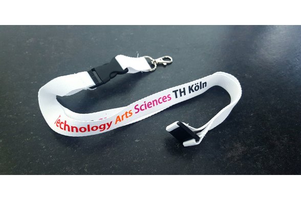 Weißes Schlüsselband mit Schriftzug Technology Arts Sciences TH Köln