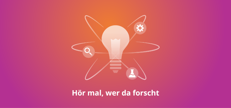 Visual zur Staffel 2 von "Hör mal, wer da forscht". Eine Glühbirne um die wissenschaftliche Symbole wie Atome kreisen. Auf dem Visual steht auch "Hör mal, wer da forscht" (Bild: TH Köln)