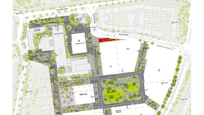 Die Karte zeigt die Lage der Wassertanks (rot eingezeichnet) auf dem Campus an.