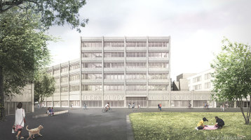 Fakultätsgebäude E und Anbau Bibliothek (+ Parkhaus P2) (Bild: wulf architekten GmbH )