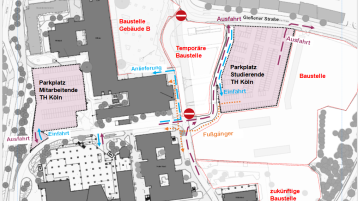 Karte des Campus Deutz mit neuen Parkplätzen und geänderter Straßenführung (Bild: TH Köln)