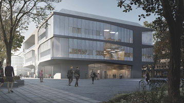 Ansicht Gebäude B: Hörsaalzentrum (Bild: Staab Architekten GmbH)