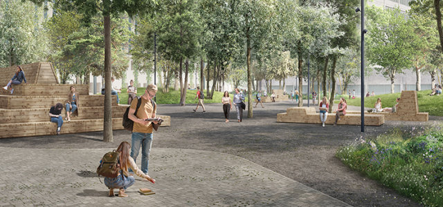 Visualisierung des Campusplatzes – die Abbildung gibt einen Stand etwa 10-15 Jahre nach Anpflanzung der Bäume wieder (Bild:Atelier Loidl GmbH / BLB NRW)