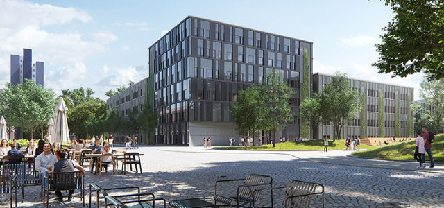 Ansicht Fakultätsgebäude C (+ Parkhaus P1 mit Fahrradtiefgarage) (Bild:heinlewischer – Partnerschaft freier Architekten mbB)