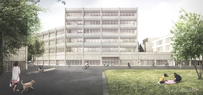 Ansicht Fakultätsgebäude E und Anbau Bibliothek (+ Parkhaus P2)