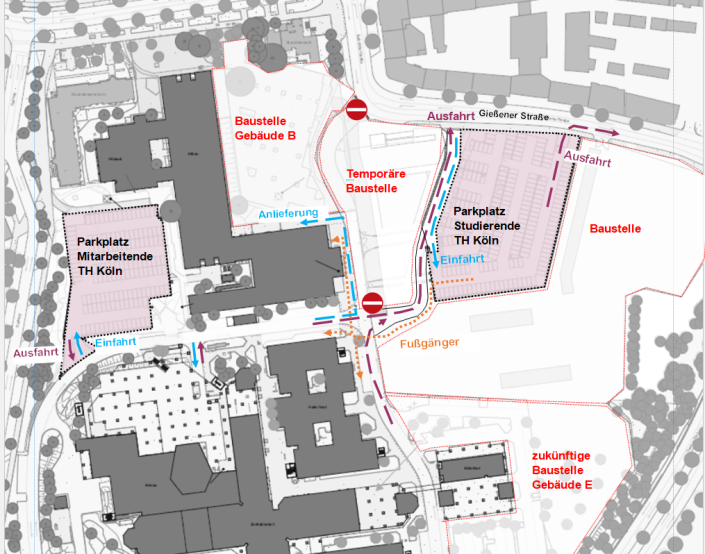 Karte des Campus Deutz mit neuen Parkplätzen und geänderter Straßenführung Karte des Campus Deutz mit neuen Parkplätzen und geänderter Straßenführung
