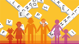 Scrabblebuchstaben fallen auf das Piktogramm einer Mehrgenerationenfamilie, die in den Farben der TH Kön gehalten ist: rot, orange, violett (Bild: TH Köln) Scrabblebuchstaben fallen auf das Piktogramm einer Mehrgenerationenfamilie, die in den Farben der TH Kön gehalten ist: rot, orange, violett (Bild: TH Köln)