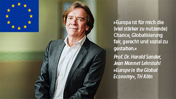 Europa ist für mich die (viel stärker zu nutzende) Chance, Glonalisierung fair, gerecht und sozial zu gestalten (Prof. Dr. Harald Sander, Jean Monnet Lehrstuhl "Europe in the Global Economy", TH Köln (Bild: Foto: Costa Belibasakis /TH Köln)