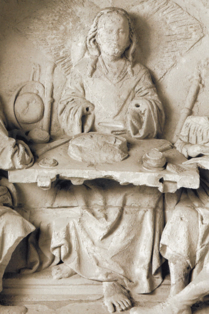 Heinrich Brabender, Epitaph des Kanonikers Reyner van Velen (gest. 1526), Emmaus-Mahl, 1526, Münster, St. Paulus Dom, Kreuzgang Heinrich Brabender, Epitaph des Kanonikers Reyner van Velen (gest. 1526), Emmaus-Mahl, 1526, Münster, St. Paulus Dom, Kreuzgang