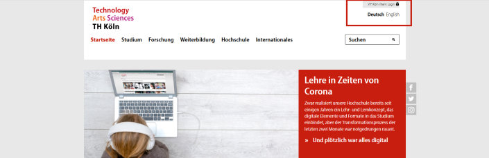 LogIn-Button und Link zur englischen Website