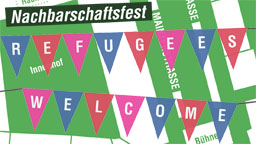 Logo Nachbarschaftsfest Refugees Welcome, Schriftzug auf Kartenausschnitt (Bild: AKS Köln)