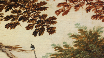 Detail of the foliage depiction in a landscape painting by Sebastian Vrancx. The glazes in the area of the foliage depiction appear partially dark brown or light brown, they are present next to light green layers of paint. (Image: TH Köln - CICS - Charlotte Hoffmann)