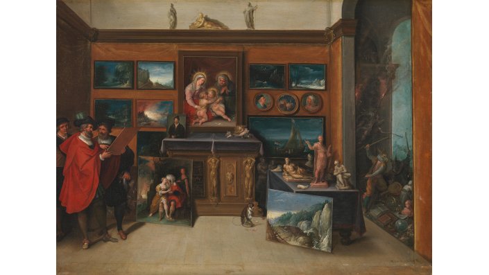 Dieses Foto zeigt das Gemälde "Kunstkabinett mit ikonoklastischen Eseln" von Frans Francken II (um 1615).