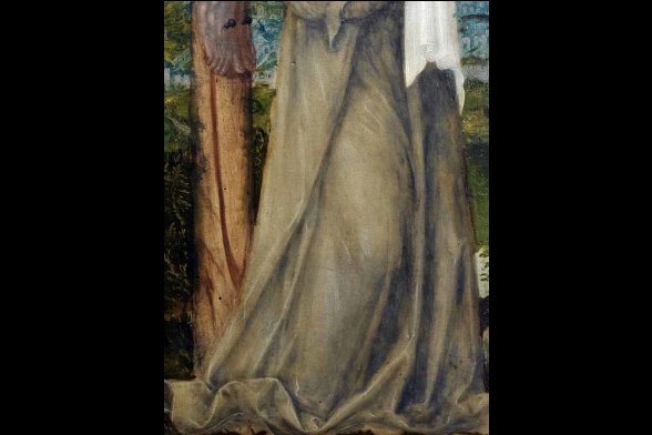 Kreuzigung, Detail des mit Smalte gemalten, ehemals blauen Gewandes Mariens
