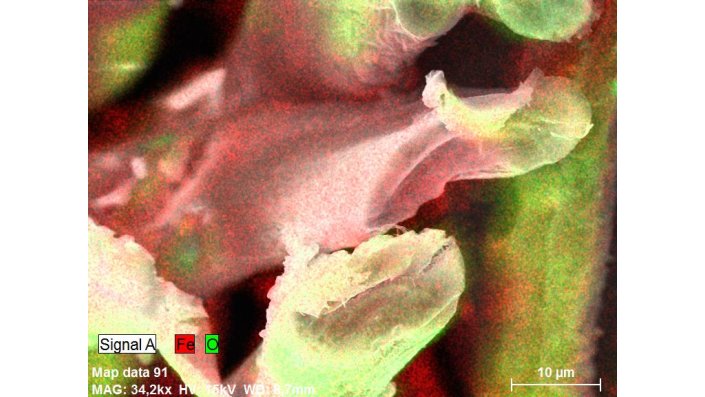 B 35, Detail Kettfäden, Mapping mit qualitativem Scan, sehr gleichmäßige Eisenverteilung auf Faseroberfläche, rot dargestellt