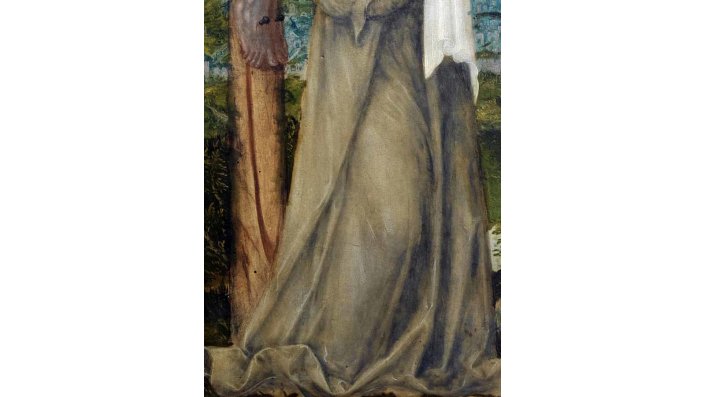 Kreuzigung, Detail des mit Smalte gemalten, ehemals blauen Gewandes Mariens