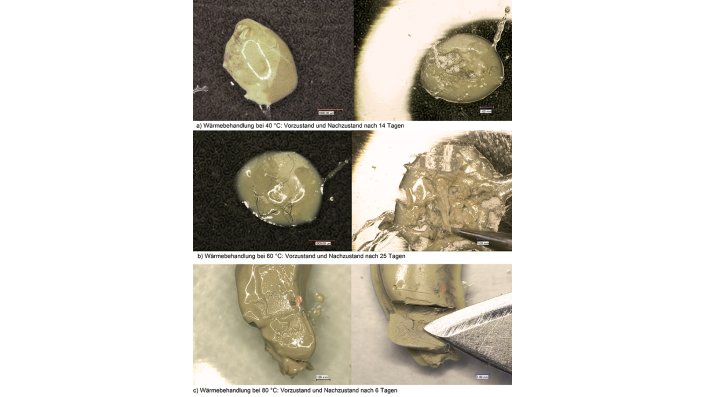  ‘Buff Titanium’ Proben vor (links) und nach (rechts) der Wärmebehandlung bei unterschiedlichen Temperaturen (40, 60, 80 °C)