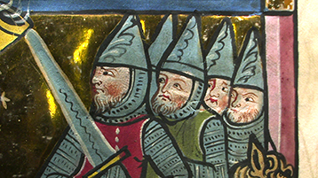 Das Heer der Ungläubigen flieht vor Karl dem Großen bei Tortûse, II. Teil f. 6v. (Bild: TH Köln – CICS – Robert Fuchs) Das Heer der Ungläubigen flieht vor Karl dem Großen bei Tortûse, II. Teil f. 6v. (Bild: TH Köln – CICS – Robert Fuchs)