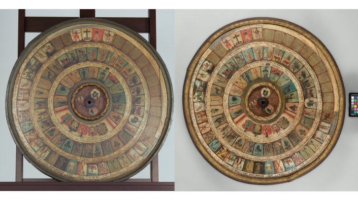 Die Zunfttafel der Rebleute aus der Sammlung des Museums Humpis-Quartier Ravensburg wurde in der Studienrichtung Objekte aus Holz und Werkstoffen der Moderne am CICS durch die Studierende Anna-Lena Korsten unstersucht und restauriert. Hier ist die Tafel links im Vorzustand und rechts im Nachzustand zu sehen.