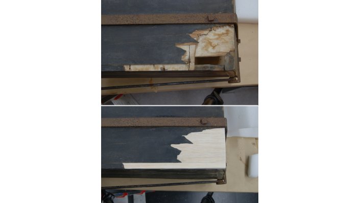 Auch hier sind zwei Fotos zum Vergleich übereinander angeordnet. Oben ist eine Fehlstelle an der Ecke einer dreilagigen Sperrholzplatte zu sehen. Alle drei Lagen der Platte sind zu unterschiedlichem Maße betroffen. Im unteren Bild ist die Fehlstelle mit Balsaholzstäbchen geschlossen.
