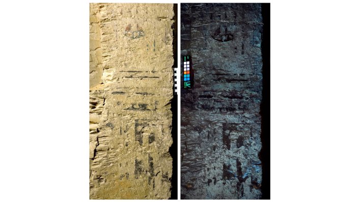 Links: Pfeiler 1, Ostseite. Schwarze, blaue und rote Farbreste auf dem Kalkstein im VIS. Rechts: Pfeiler 1, gleicher Ausschnitt wie auf der Abbildung links. Während die Farbreste schwarz erscheinen, gibt es einige orange-gelbliche und einige bläuliche Fluoreszenz in UVA-Strahlung.