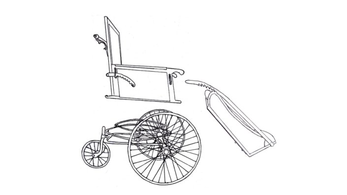 Das Bild zeigt eine händische, vereinfachte Zeichnung des Objektes in der Seitenansicht. Die Zeichnung dient der Darstellung der drei Baugruppen des Rollstuhls: der Sitz, das Fußteil und das Untergestell mit Rädern. Hierfür wurden die drei Baugruppen, ähnlich einer Explosionszeichnung, leicht auseinandergezogen.