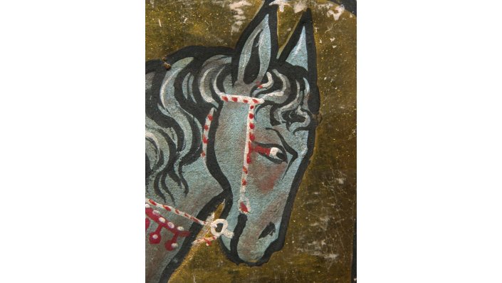 Detail des energischen Pferdes im Kampf mit blutunterlaufenen Augen, II. Teil f. 26v. 