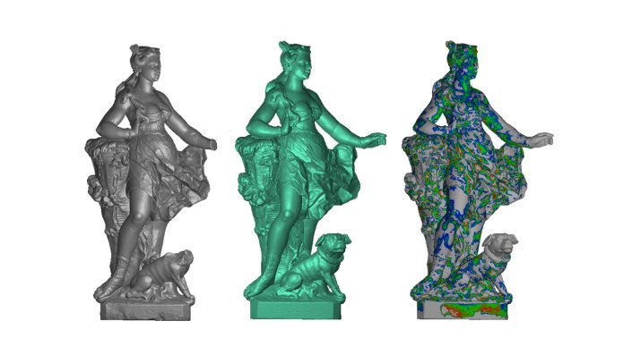 Formvergleich der Kopie und des Originals. Von links: Virtuelles Modell der Originalskulptur der Diana, virtuelles Modell der Kopie (ca. 1980), Vergleich der Geometrie beider Modelle