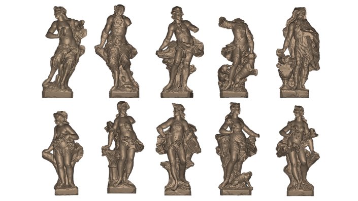 Geometrische 3D-Modelle aller zehn Figuren. Von links oben: Panin, Pan, Meleager (Jagd), Aktäon (Jagd), Saturn (Winter); untere Reihe von links: Bacchus (Herbst), Ceres (Sommer), Apollo (Sonne), Diana (Mond), Flora (Frühling)