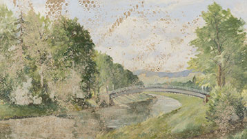 Erinnerungskultur: Peter Wershofen, Maria-Hilf-Brücke (Ausschnitt), 1963 (Bild: Mus. Slg. Stadt Bad Neuenahr-Ahrweiler., Foto: Karlotta Stork)