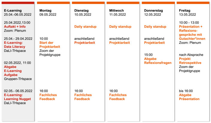 Wochenplan der DaLI Projektwoche im Sommersemester 2022
