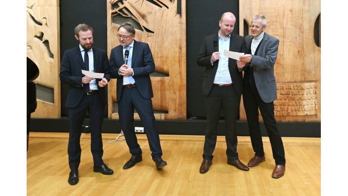 Professoren Juristen Dr. Heetkamp, Dr. Maier und Mathematiker Dr. Funke, Dr. Goecke