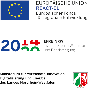 Logos von REACT-EU, EFRE, Wirtschaftsministerium NRW (MWIDE)