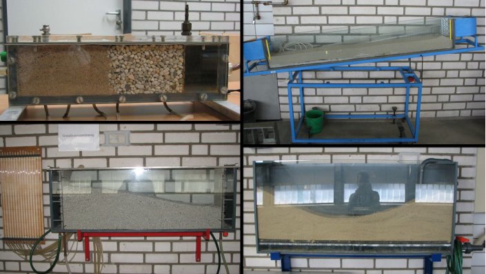 Kleinmodelle, Filterstabilität (links oben), Grundwasserströmung (links unten), Gewässersohlstrukturbildung (rechts oben), Versickerung / Sickerströmung (rechts unten)