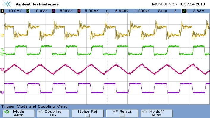 Messungen der GaN-Halbbrücke an einer LC-Last bei 800 kHz und U_in=400V (Lila) Messungen der GaN-Halbbrücke an einer LC-Last bei 800 kHz und U_in=400V (Lila)