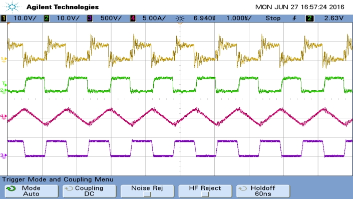 Messungen der GaN-Halbbrücke an einer LC-Last bei 800 kHz und U_in=400V (Lila)