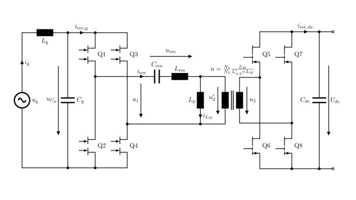 Einphasige Variante des AC-DC-Wandlers, welche durch das Schalten der Relais-Kontakte K1 oder K2 der dreiphasigen Topologie inkludiert ist