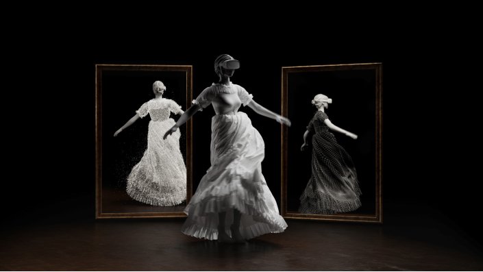 Gerenderte Szene mit einer Person in einem historisch anmutenden Kleid