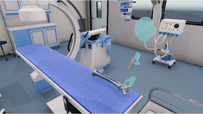  Erster Entwurf der VR Anwendung, die mit dem Autorentool für die Erstellung verschiedener chirurgischer Trainingsszenarien exemplarisch umgesetzt wurde.