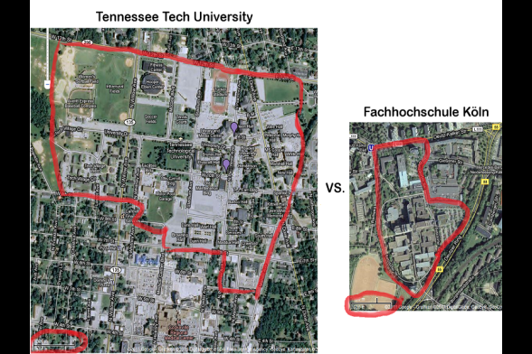 Kartenausschnitte, die zeigen, wie viel kleiner der Campus Deutz im Vergleich zur TTU ist