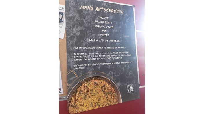 The campus cafeteria menu — two courses, bread, dessert, and water or beer, all included