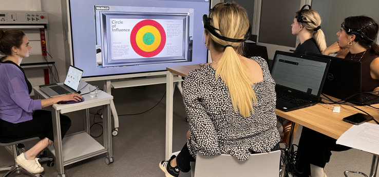 4 Frauen sitzen einem Bildschirm zugewandt auf dem Circle of Influence steht, sie tragen Headsets (Bild: TH Köln)