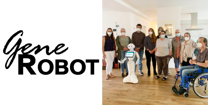 Logo GeneRobot und Projektgruppe mit Roboter "Pepper"