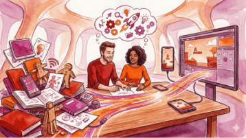 Eine Illustration, die einen Mann und eine Frau zeigt, die gemeinsam an einem Schreibtisch arbeiten. Über ihren Köpfen schwebt eine gemeinsame Denkblase mit Symbolen für Ideen und Entwicklung, darunter eine Rakete, Zahnräder und eine Glühbirne. Auf der linken Seite des Tisches stapeln sich analoge Materialien wie Notizbücher, Papierskizzen, Tablets und eine hölzerne Gliederpuppe. Ein leuchtender, farbiger Energiestrom fließt von diesem analogen Chaos über den Tisch direkt in einen großen Computermonitor auf der rechten Seite, auf ein 2D-Videospiels bearbeitet wird. (Bild: Bild generiert mit Google Gemini)