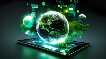 Grafik der Erde über einem Tablet mit Symbolen (Bild: Liliya_580408062_AdobeStock) Grafik der Erde über einem Tablet mit Symbolen (Bild: Liliya_580408062_AdobeStock)