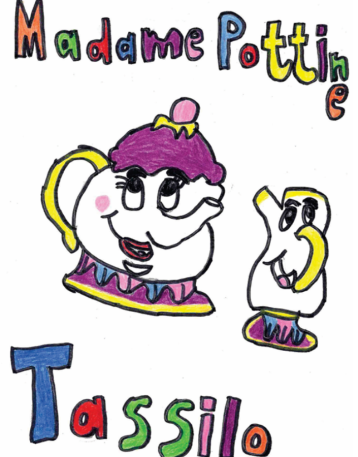 Zeichnung der sprechenden Tee-Kanne und Tee-Tasse