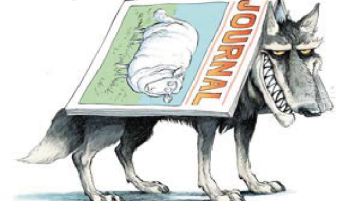 Eine Zeichnung von einem Wolf, der sich mit einem Journal als Schaf tarnt