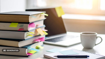 Ein Stapel Bücher und ein Laptop in direkter Nähe (Bild: Hochschulbibliothek / KI-generiert)